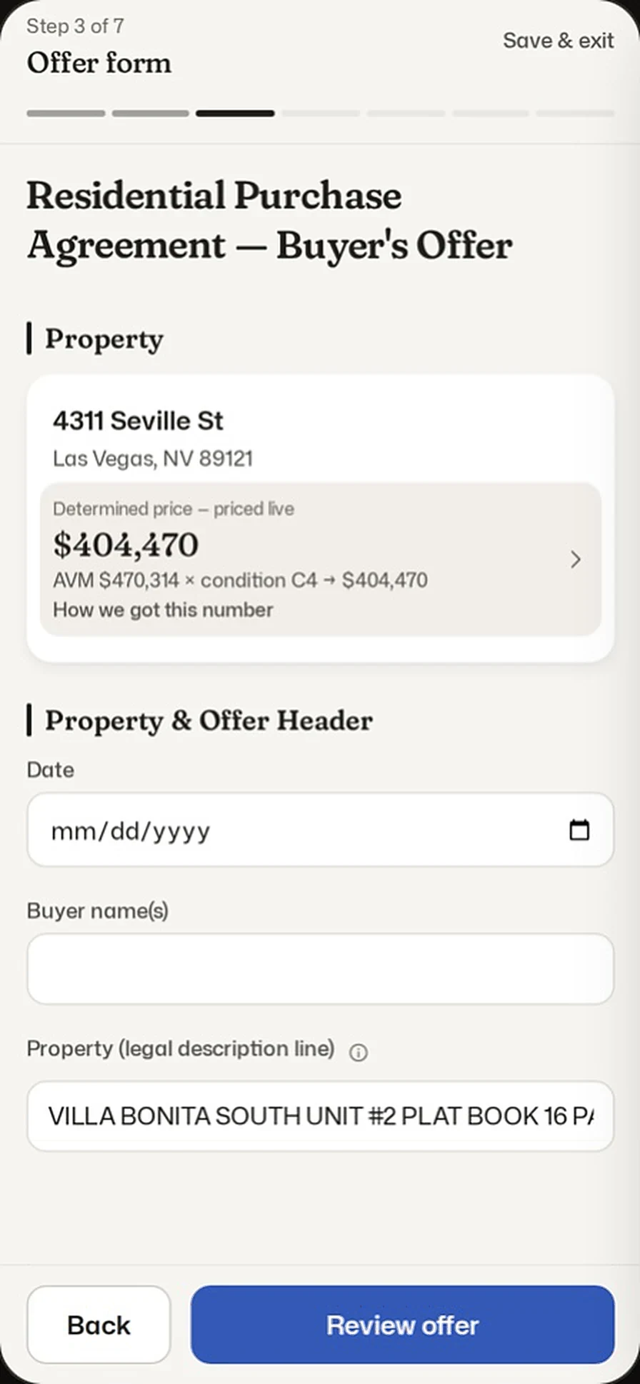 Offer form, step 3 of 7