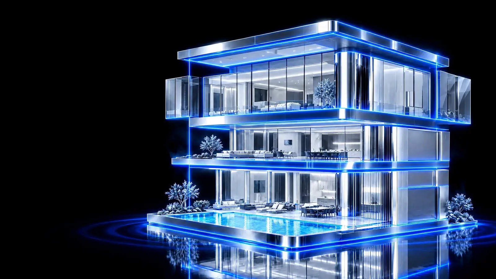 A modern villa, lit at dusk, over a blue blueprint grid