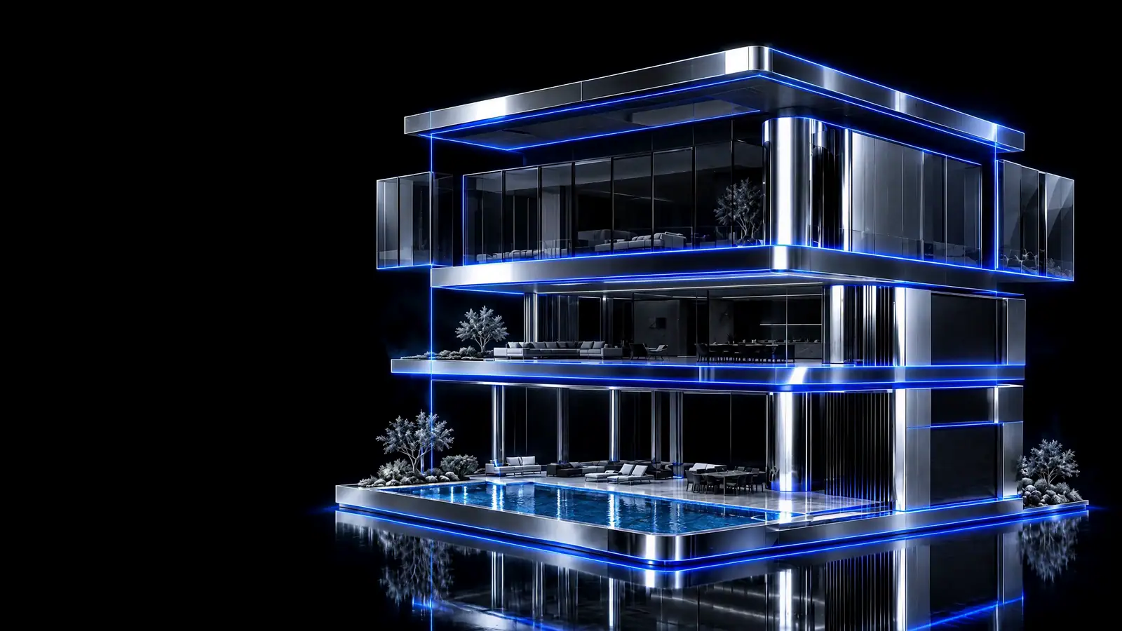 The villa complete, lights off